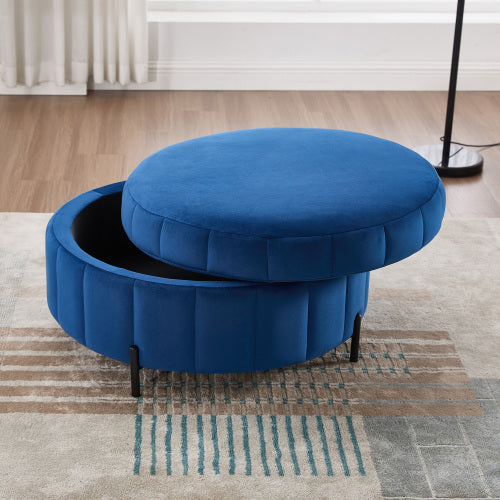 31.5 inch Navy Velvet Round Pumpkin Storage Ottoman, Reversible Lid Adjustable Metal Leg Footstool, 275 LBS