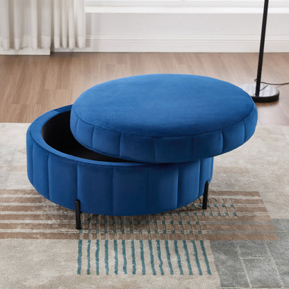 31.5 inch Navy Velvet Round Pumpkin Storage Ottoman, Reversible Lid Adjustable Metal Leg Footstool, 275 LBS