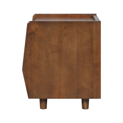 Walnut Nightstand with Rattan Detail, MDF + Solid Wood, Modern Bedroom Storage, Open Shelf & Drawer, Indoor Furniture
