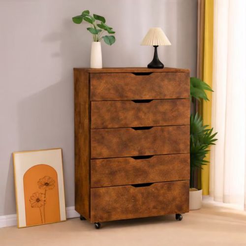 5 Drawer Dresser on Wheels Rustic Brown Rolling Chest of Drawers Mobile Storage Cabinet for Bedroom Closet, Wide Drawer Organizer, 30.71" W x 15.75" D x 44.49" H
