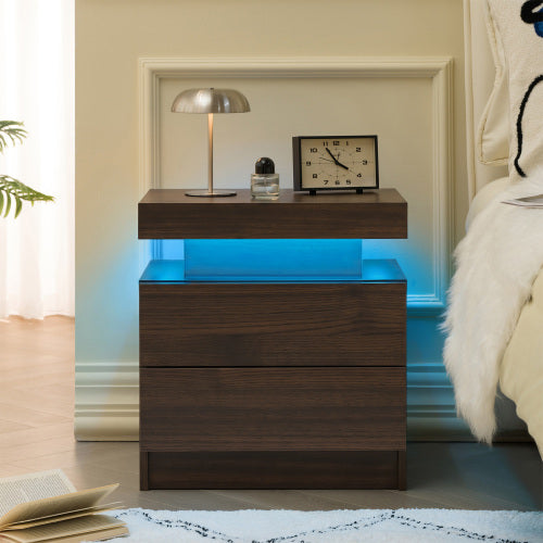 Walnut LED Nightstand with Adjustable Lights & Drawers