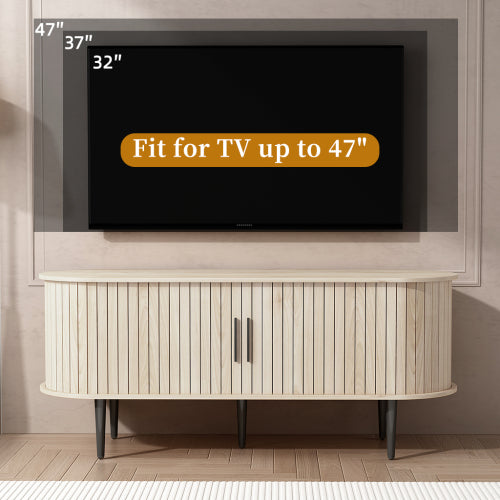 47 Inch Modern TV Stand with Sliding Door Storage Cabinet Natural Wood