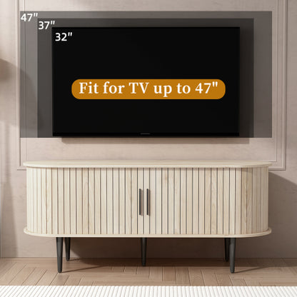 47 Inch Modern TV Stand with Sliding Door Storage Cabinet Natural Wood