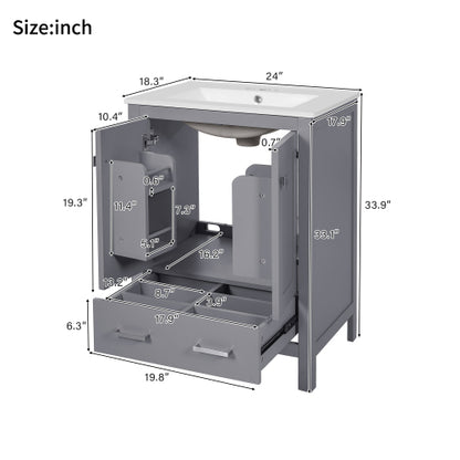 24-inch bathroom vanity with integrated undermount basin and a storage cabinet featuring 2 doors and 1 drawer. Includes double-layer door shelf, soft-close design, and versatile storage solutions