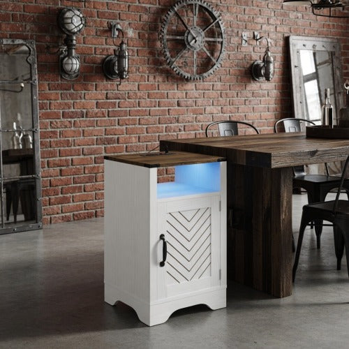 LED Nightstand with Charging Station, White & Rustic Oak Farmhouse Bedside Table 16inch x 16inch x 25inch