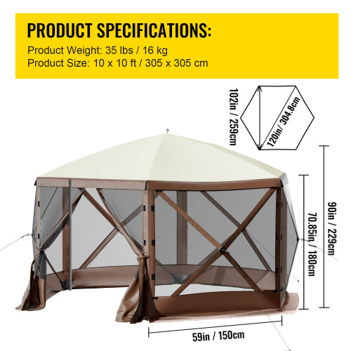 Camping Gazebo Tent, 10'x10', 6 Sided Pop-up Canopy Screen Tent for 8 Person Camping, Waterproof Screen Shelter w/Portable Storage Bag, Ground Stakes, Mesh Windows, Brown & Beige