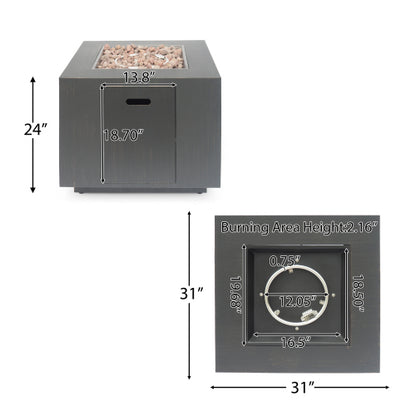 33" Outdoor Iron Square Propane Fire Pit, Tank Inside, Brushed Brown - 50,000 BTU