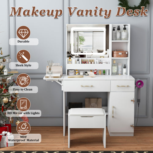 Vanity Desk with LED Mirror Lights and Power Outlet Charging Station, Makeup Dressing Table with 3 Drawers, 7 Shelves and Storage Stool, for Girls and Women (White)