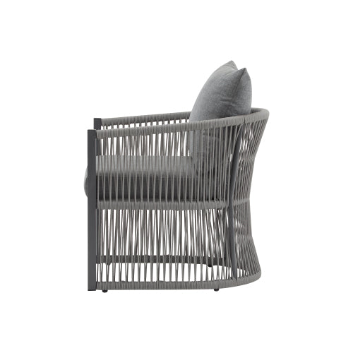 Modern Gray Curved Aluminum Lounge Chair with Stylish Rope-Weave Design and Cushioned Comfort, Perfect for Outdoor Living