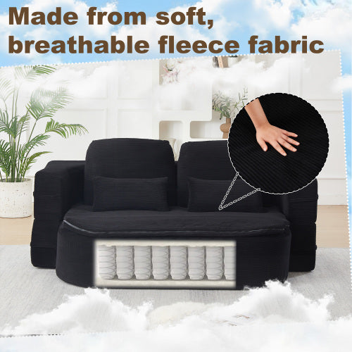 75 inch  Corduroy Convertible Floor Sofa Bed with Built-in Blanket & 4 Pillows