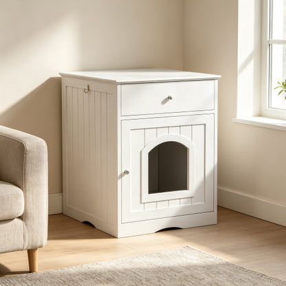 White Wooden Cat Litter Box Enclosure, Multi-Functional Nightstand Side Table