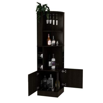 Corner Bar Cabinet, Eight Bottle Cubbies, Double Door, Two Open Shelves -Black