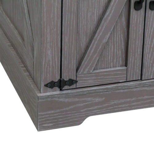 Farmhouse End Table with Charging Station, Rustic Nightstand with Barn Doors and Adjustable Shelf, Walnut Top Grey Cabinet