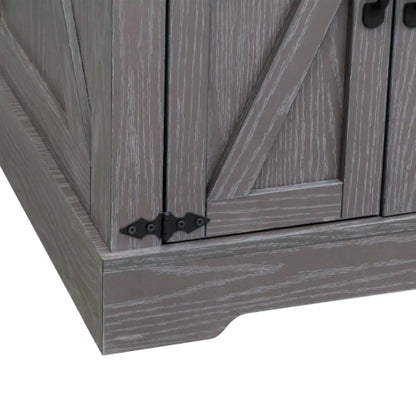 Farmhouse End Table with Charging Station, Rustic Nightstand with Barn Doors and Adjustable Shelf, Walnut Top Grey Cabinet