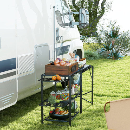 Outsunny Folding Camp Kitchen Table, Portable Camping Cooking Station with Adjustable Lantern Holder, Hanging Hooks and Carrying Bag for Outdoor Picnic Beach BBQ Traveling