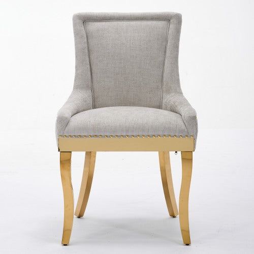 2-Piece Beige Chenille Dining Chairs, Curved Gold Plated Legs & Rivet Trim, Textured Upholstered Accent Chairs for Dining & Lounge