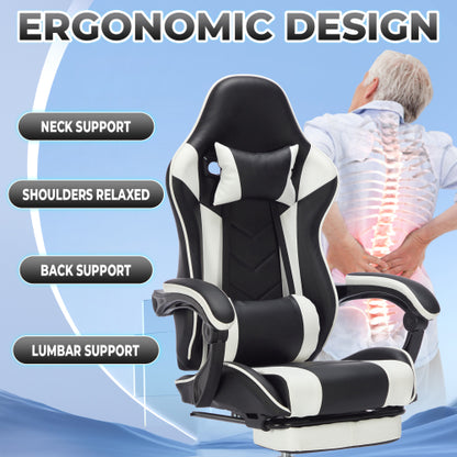 Gaming Chair with Footrest, Ergonomic Computer Chair with Headrest and Lumbar Support, Breathable Material Height Adjustable Video Game Chairs for Adults, Black White