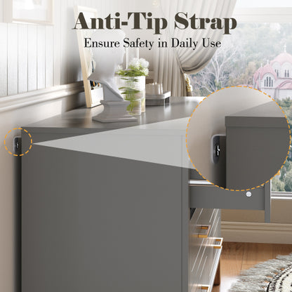 Gray 6 Drawer Double Dresser Modern Storage Cabinet with Metal Handles Solid Wood Legs