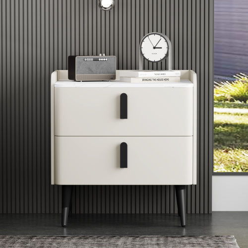 Nightstand with 2 Drawers, Night Stand with Marble-Pattern Tabletop, Modern Beside Table for Bedroom, End Table for Living Room, White