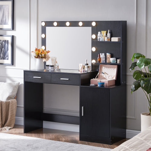 Black Vanity Desk with Mirror & Lights, 46.4IN Dressing Table, 2 Large Drawers & Vertical Organizer, 3 Lighting Modes