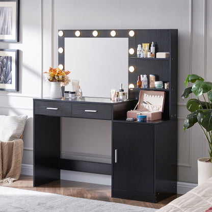 Black Vanity Desk with Mirror & Lights, 46.4IN Dressing Table, 2 Large Drawers & Vertical Organizer, 3 Lighting Modes