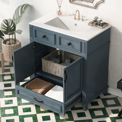 30'' Bathroom Vanity with Ceramic Sink,Solid Wood Frame Bathroom Storage Cabinet with Soft Closing Doors,Retro Style, Blue