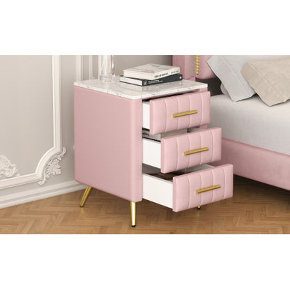 Upholstered Wooden Nightstand with 3 Drawers and Metal Legs&Handles, Bedside Table with Marbling Stickers Worktop - Pink