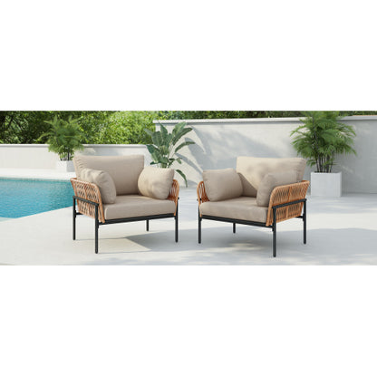[Set of 2] 36" Beige and Light Wood-Tone Rope Iron Lounge Chair with Cushions, Perfect for Natural and Modern Spaces