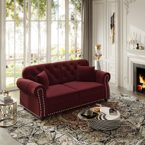 63 inch  Burgundy Mid-Century Velvet Sofa, Nailhead Trim, Rolled Arms, 2 Pillows