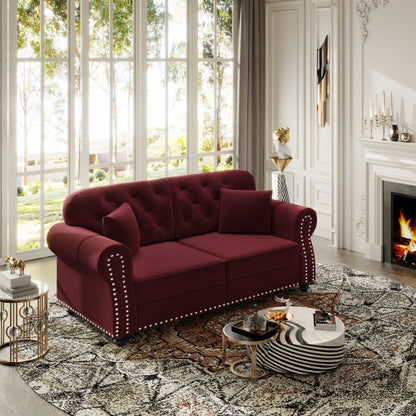 63 inch  Burgundy Mid-Century Velvet Sofa, Nailhead Trim, Rolled Arms, 2 Pillows