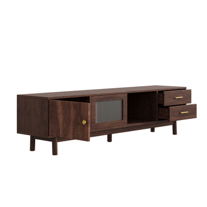 70.86 inch Dark Brown Mid Century Wave Glass Sliding Door TV Stand Pine Leg Console For 80 inch TV