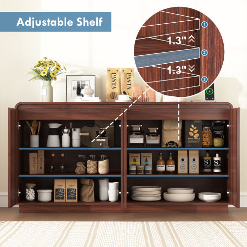 Walnut Handleless Fluted 4-Door TV Stand Built-In Power Outlet Adjustable 3-Tier Storage Cabinet Up To 85 Inch TV