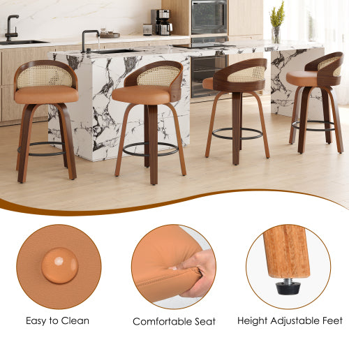 Swivel Bar Stools Set of 2, Modern Wood Frame with Rattan Back, PU Leather Stool for Kitchen Counter, Mid Century Upholstered Barstools with Footrest,Industrial Counter Height Stools