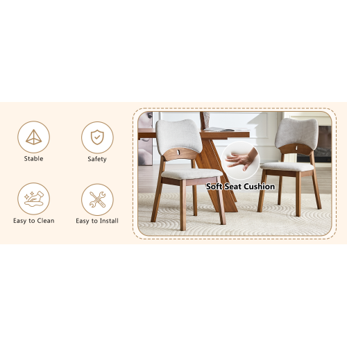 Set of 2 Walnut Solid Wood Dining Chairs, Hollow Out Curved Back Chairs with Gray Fabric