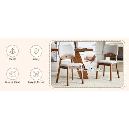 Set of 2 Walnut Solid Wood Dining Chairs, Hollow Out Curved Back Chairs with Gray Fabric