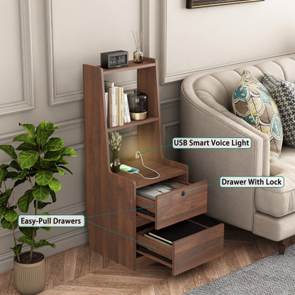 Nightstand with Charging Station, Smart Nightstand with Night Light, Modern Night Stand with Bookshelf, Bedside Tables with Storage Cabinet for Bedroom, Wood