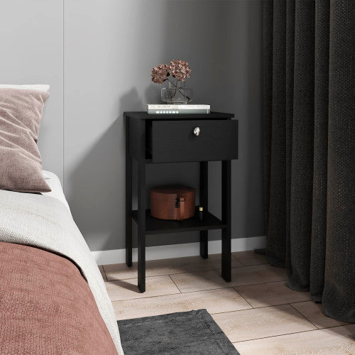 Black Wengue Nightstand, 1 Drawer & 1 Shelf with 4 Legs