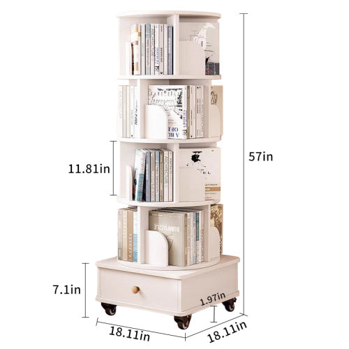 White 5-Tier 360¡ã Rotating Wooden Bookshelf with Single Drawer, Space-Saving Corner Home Organizer