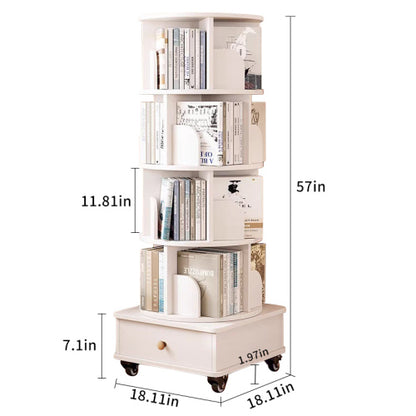 White 5-Tier 360¡ã Rotating Wooden Bookshelf with Single Drawer, Space-Saving Corner Home Organizer