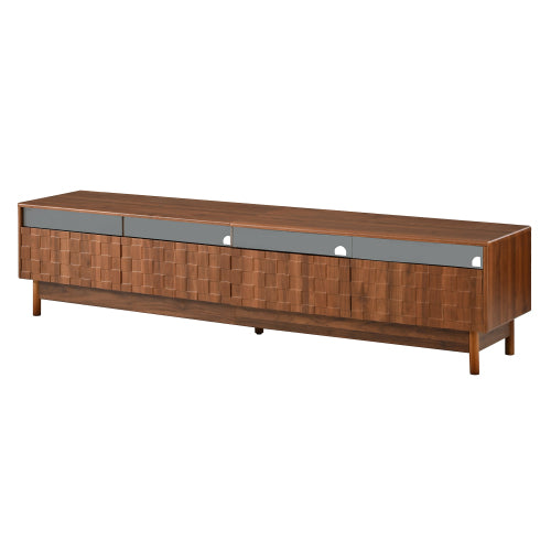 78.7 inch Walnut LED Light Glass Drawer TV Stand Solid Rubber Wood Leg Console Holds 85 inch TV