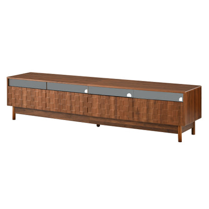 78.7 inch Walnut LED Light Glass Drawer TV Stand Solid Rubber Wood Leg Console Holds 85 inch TV