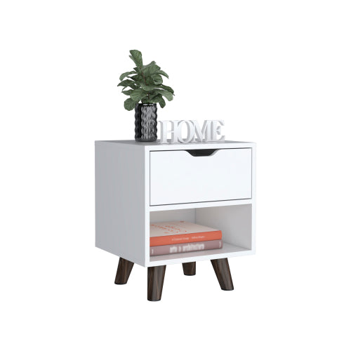 White Modern Nightstand, Drawer & Open Shelf with Wooden Legs