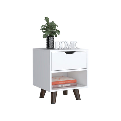 White Modern Nightstand, Drawer & Open Shelf with Wooden Legs