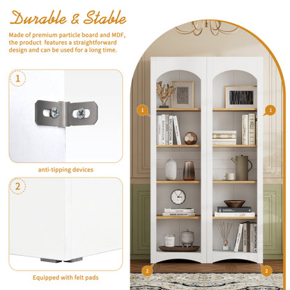 72''H White Farmhouse 5-Tier Combined Bookshelf Adjustable Shelf Home Pantry Storage Cabinet Set