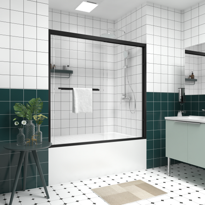56-60"x58" Aluminum Frame Double Sliding Bathtub Screen,Bypass Bathroom Sliding Door with Premium 1/4" (6mm) Clear Tempered Glass, Black Hardware Sliding Glass Shower Enclosure,Matte Black Finished