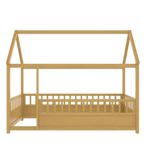 Twin Size Floor Wooden Bed with House Roof Frame, Fence Guardrails,(Twin,Natural)