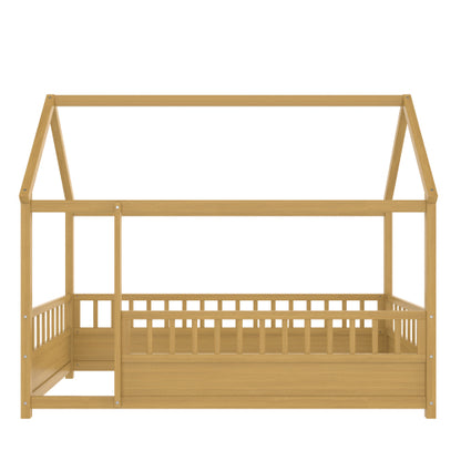 Twin Size Floor Wooden Bed with House Roof Frame, Fence Guardrails,(Twin,Natural)