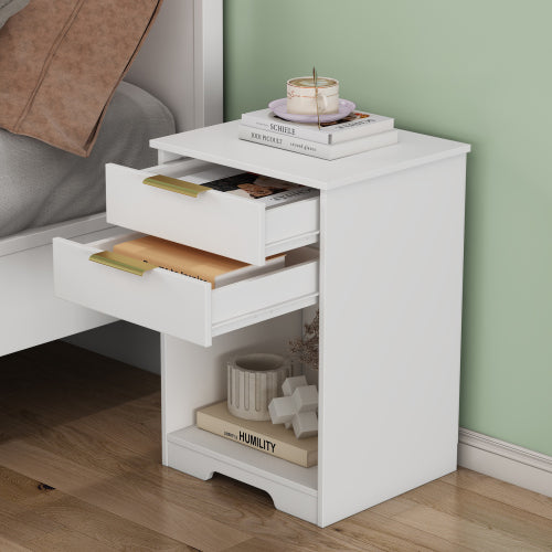 Nighstand With 2 Drawers,End Table,Nightstand with Open Space,Golden Handle,Morden Design,For Living Room,Bedroom,Easy Assemble,White