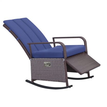 Outsunny Wicker Outdoor Rocking Chair, Patio Recliner with Adjustment Backrest, PE Rattan Lounge Chair with Adjustable Footrest and Cushions for Garden, Backyard, Porch, Blue