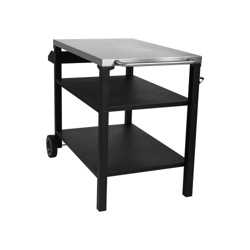 3-Tier Outdoor Grill Cart with Stainless Steel Top & Side Shelf, Movable BBQ Prep Table with Wheels, Rolling Serving Bar Cart for Patio, Backyard, Pizza Oven Stand, Black